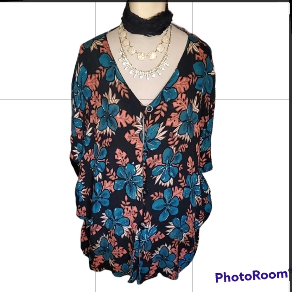 California Krush 3X ButtonUp Top Tropical Shirt Tourquoise Rust Black Ribbed